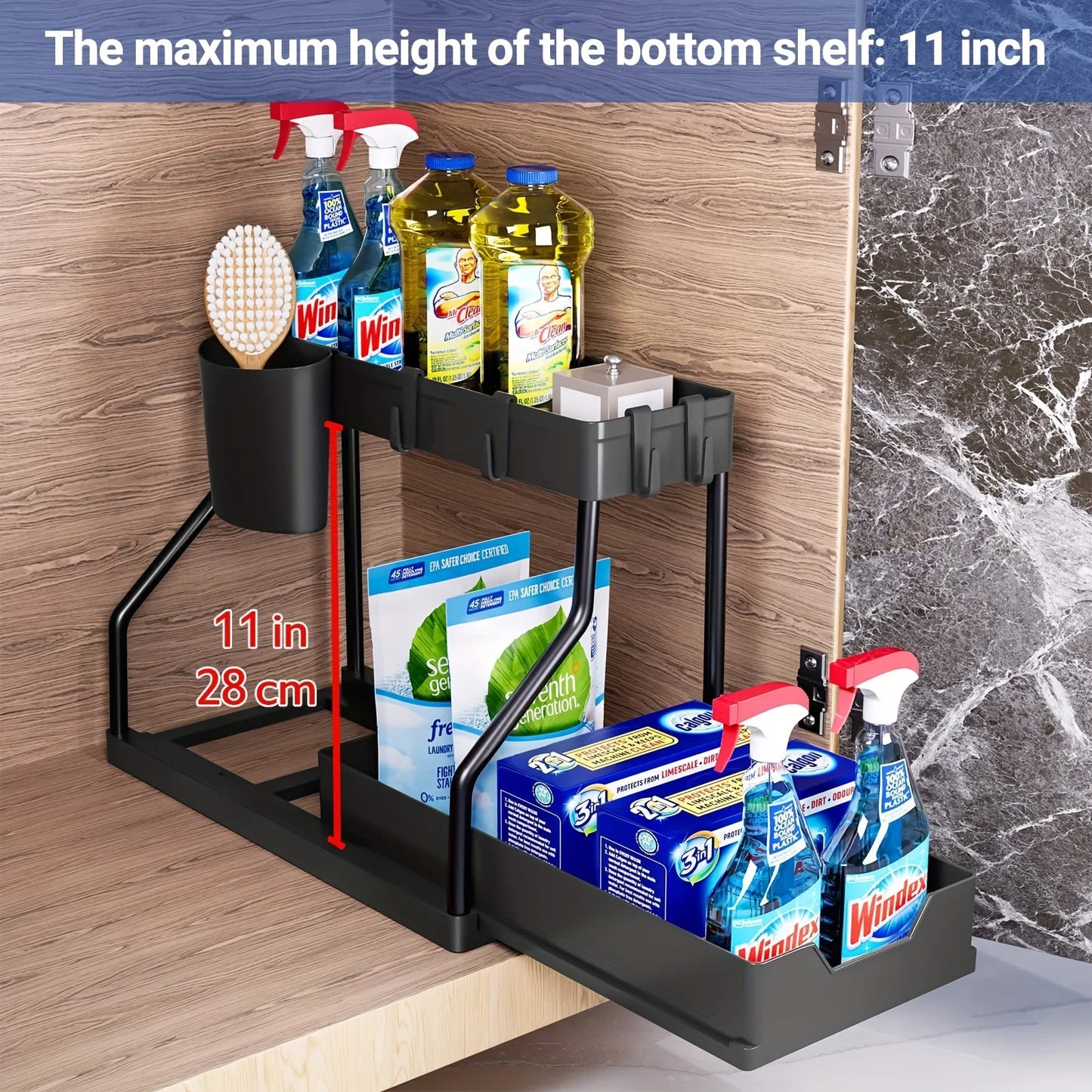 2-Tier Sliding Under Sink Organizer ,Removable Hanging Cup