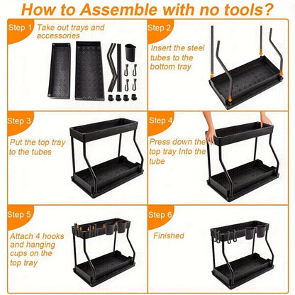 2-Tier Sliding Under Sink Organizer ,Removable Hanging Cup