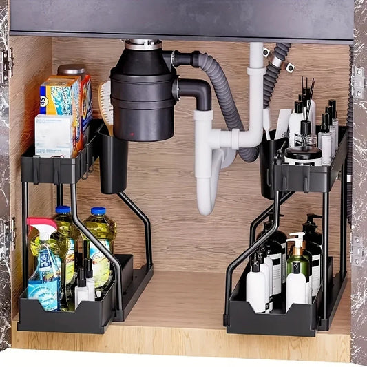 2-Tier Sliding Under Sink Organizer ,Removable Hanging Cup