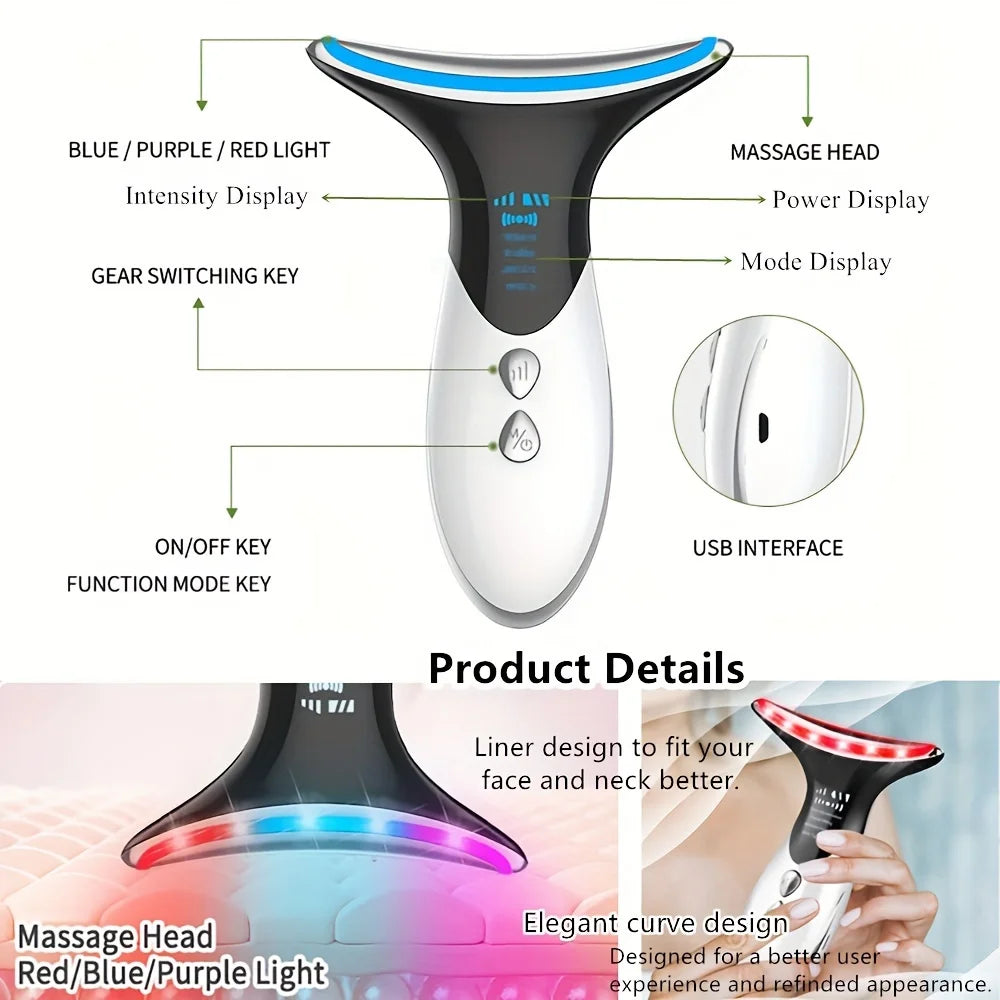 Women's Portable 3 Adjustable Modes Facial & Neck Massager, Neck Beauty Instrument, Rechargeable LED Tricolor Face Beauty Device - STG Shopping