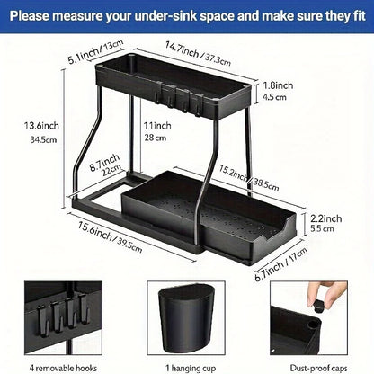 2-Tier Sliding Under Sink Organizer ,Removable Hanging Cup