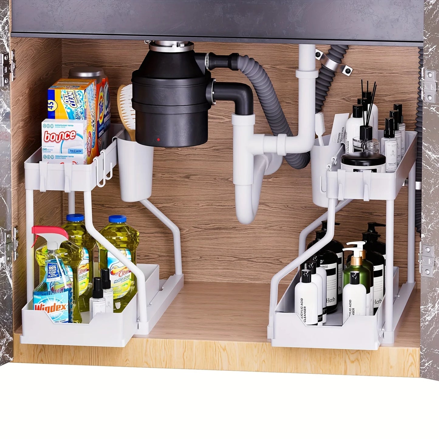 2-Tier Sliding Under Sink Organizer ,Removable Hanging Cup