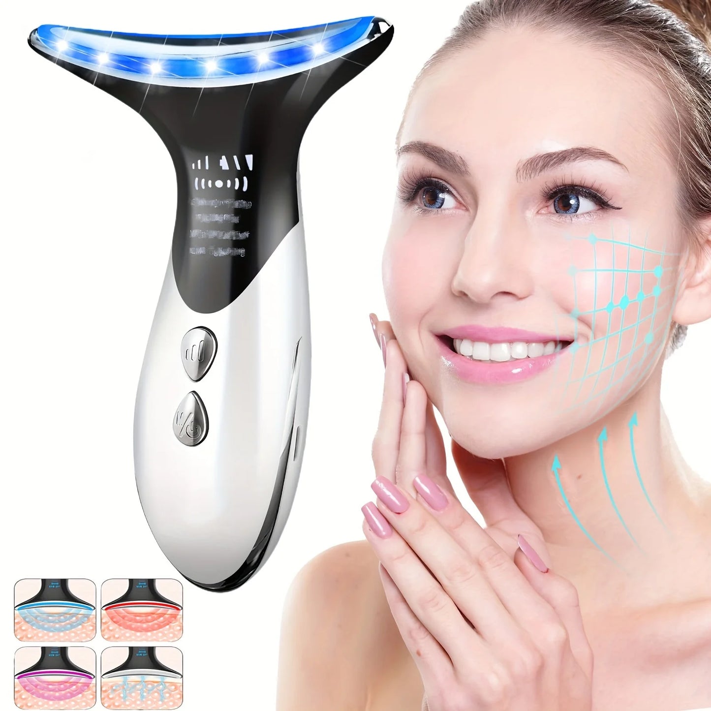 Women's Portable 3 Adjustable Modes Facial & Neck Massager, Neck Beauty Instrument, Rechargeable LED Tricolor Face Beauty Device - STG Shopping